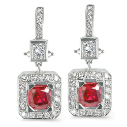 Rectangular-Shaped Diamond Earrings With Ruby Center Stones In 18K White Gold