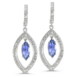Twin Marquise Pave Diamond Earrings In 18K White Gold With A 0.48 ct. Genuine Iolite Center Stone.