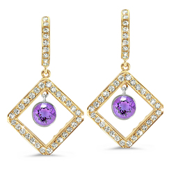 Diagonal Square Diamond Clips With A 0.55 ct. Genuine Amethyst Center Stone in 18K Yellow Gold.