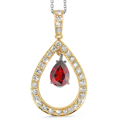 Twin Pear Shaped Diamond Pendant In 18K Yellow Gold With A 1.00 ct. Genuine Garnet Center Stone.