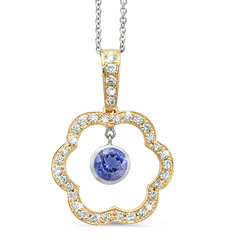 Open Carnation Floral Diamond Pendant With A Round Center Stone In 18K Yellow Gold With A 0.42 ct. Genuine Iolite Center Stone.